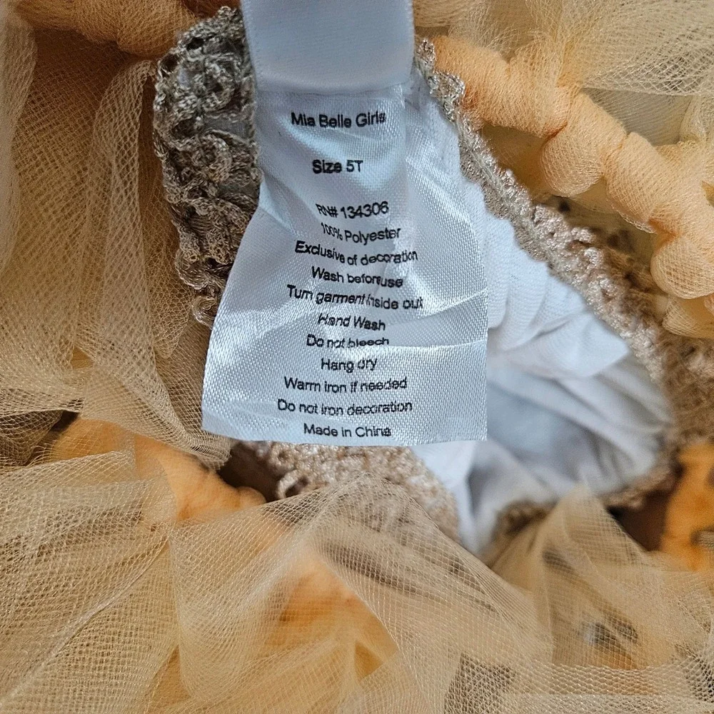 Mia Belle Girls Gold Orange Tulle Tutu Pageant Dress Size 5T Glitter Floral Bows